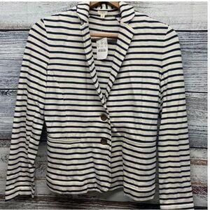 NEW J. CREW FACTORY STRIPED KNIT POCKET BLAZER. SIZE XS. NAVY/OFF WHITE!